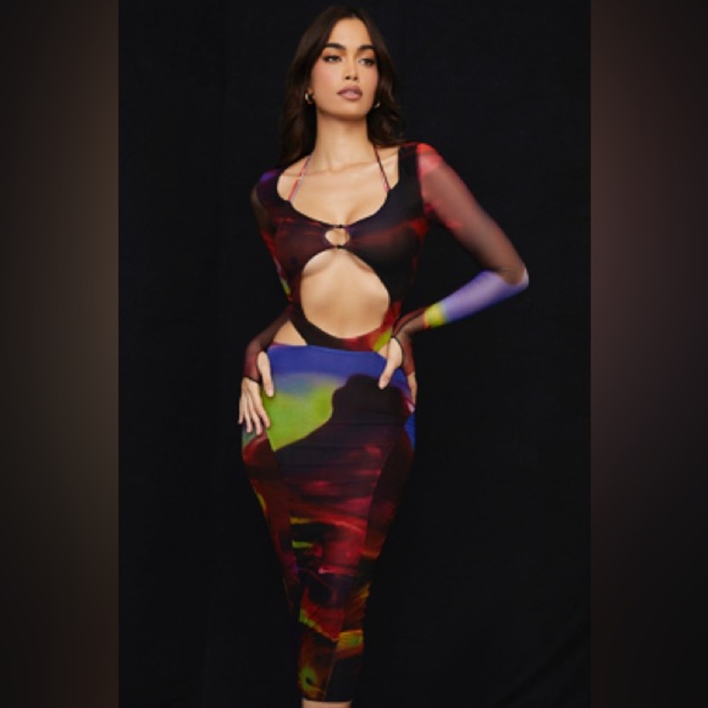 House of CB Marina Printed Cut Out Midi Dress